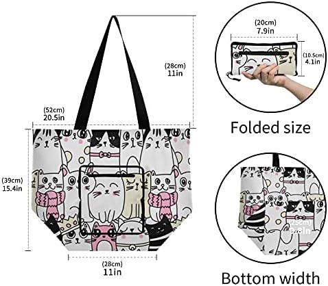 Рачно нацртана мачка преклопена торба за рамо торбичка за еднократна употреба на намирници за намирници, торбичка торба за торбичка за плажа, работа,