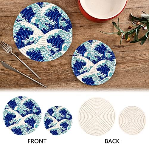 2 парчиња врели влошки за кујна јапонски сини бранови за топло садови и тави држачи за памучни тенџере за душеци отпорни на кујна