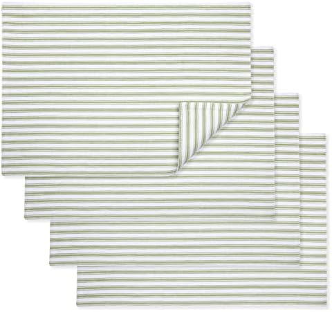 Cackleberry Home Tarragon Green and White The Stripe Stripe Tablemats 13 x 19 инчи ткаени памучни реверзибилни, сет од 4