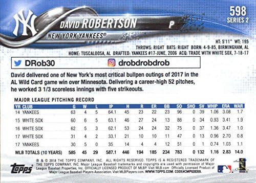 2018 Топс Серија 2598 Дејвид Робертсон Њујорк Јенкис Бејзбол Картичка-GOTBASEBALLCARDS
