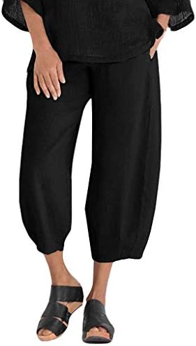 Панталони за жени Гуфесф Капри за жени, женски памучни постелнини, плус големина еластична половината со висока половината капри панталони