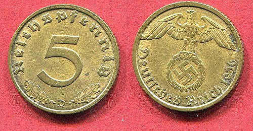 1936 година ДЕ РЕДЕЛНА ОРИГИНАЛНА НАЗИСКА 5pf монета w Свастика во бујно месинг !! Купете 2, исто така, добијте поголеми 10pf !! 5 pfennigs нециркулирани