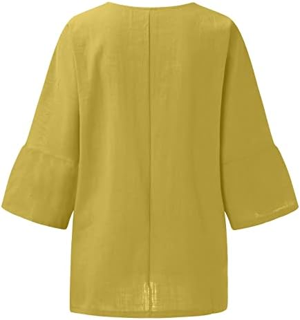 2023 летни кошули со памучни постелнина за жени 3/4 ракав гроздобер плус големина Туника врвови модни печатени екипи на екипаж блузи