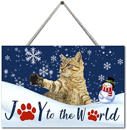 Среќен Божиќен знак Симпатична мачка радост на светската снегулка ретро дрво знак Божиќ украси за дневна соба влезна врата дома 4 x 6