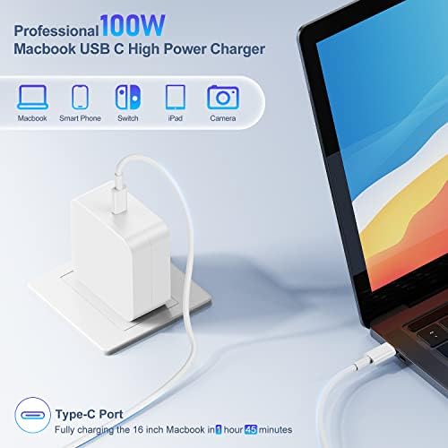 100W Mac Book Pro Charger со 10ft USB C до C кабел, GAN PD USB C Брза wallиден полнач за напојување со напојување компатибилен со MacBook