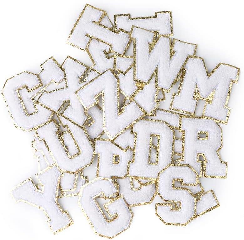 4 парчиња бела буква од Ченил, 2,2 железо на закрпи за букви, лепенки за букви од Ченил за облека