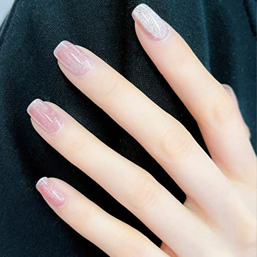 Мачка око Прес на нокти Средно лажни нокти розов дизајн лепак на нокти моден Аурора ефект целосна покривка луксузни голи лажни