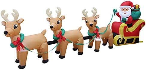 Два божиќни украси за украси, вклучуваат 5 стапки со надувување на Дедо Мраз игра голф, и 12 нозе долги надувување Дедо Мраз на санки со 3 ирваси и торбички за подароци