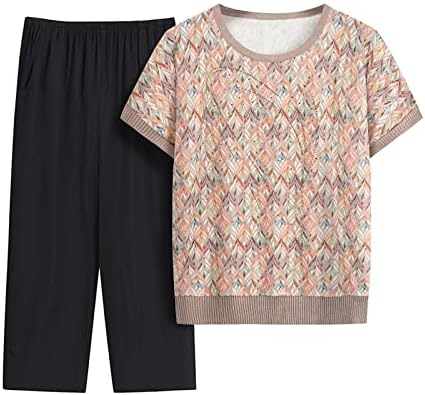 Облека од 2 парчиња за жени плус големина лето лето-лабава лабава постари жени пижами поставува маица со кратки ракави и панталони
