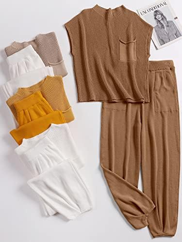 Anrabessенски женски две парчиња облеки џемпери сетови плетени врвови на пулвер и панталони со високи половини за панталони