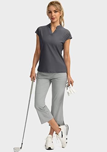 Sunthefeel женски голф кошула капа за ракав V вратот Поло кошули со лесна суво вежбање тениски кошули врвови за жени