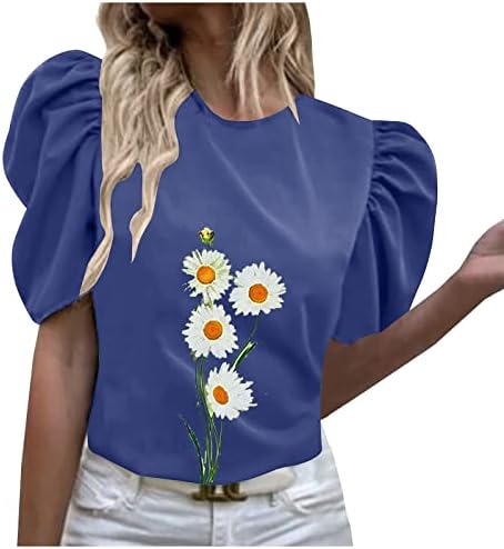 Женски летни кошули Обични маички со тркалезен врат Елегантен пуф со краток ракав печати симпатични врвови цврста боја основна блуза