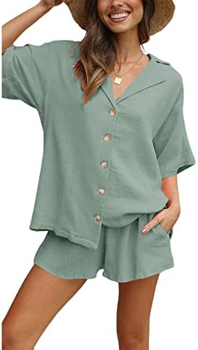 ВИАНДСО жени 2 парчиња облека со памучни постелнини поставува кратки ракави за појавување на копчето надолу кошули и шорцеви