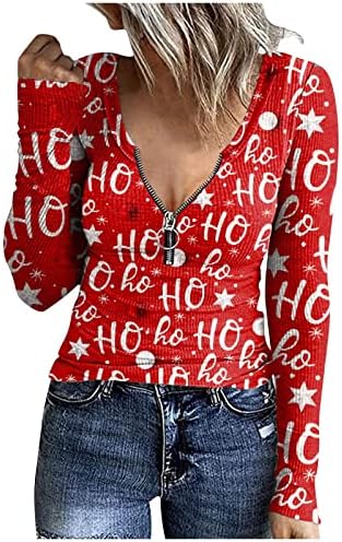 Женски џемпери да се носат со хеланки U-вратот патент печатен џемпер Божиќ со долг ракав маица 2023