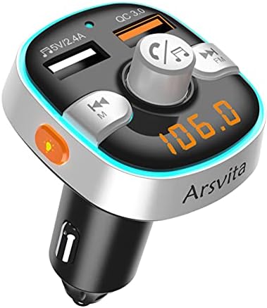 Arsvita Bluetooth FM Transmiter за автомобил, радио приемник / аудио адаптер со двојна полнач за автомобили, поддршка QC3.0 Брзо