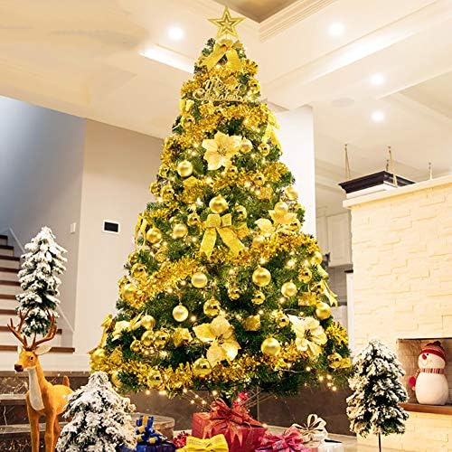 6ft осветлена вештачка новогодишна елка, еколошки ПВЦ Премиум Спрус шаркиран W/UL Сертифицирани 300 LED светла и метална штанд за празничен декор-златен 6ft