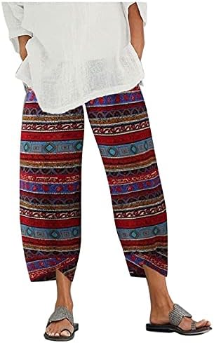 Firero летни панталони Капри за жени, женски постелни панталони отпечатени панталони со глуждот Каприс со џебови