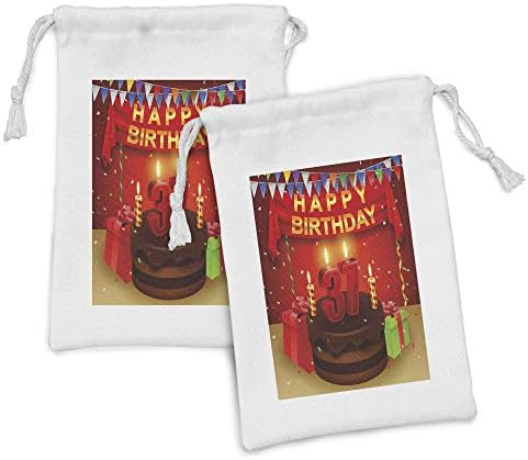 Амбесон 37-ми Роденден Ткаенина Торбичка Сет од 2, Чоколадна Торта Подароци Балони Знаме Свеќи Дизајн Слика, Мала Врвка Торба
