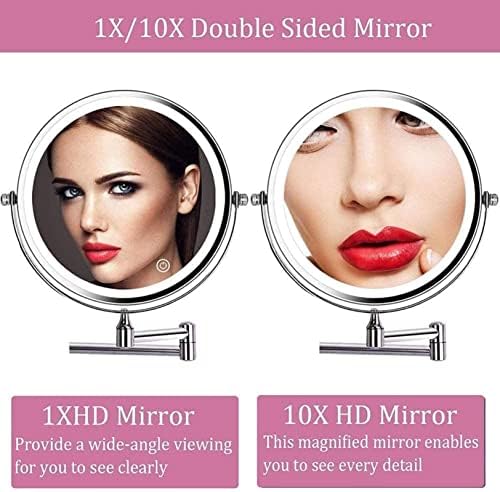 Зголемување на огледалото за шминка, 8- инчен огледало на огледалото за бања, поставен двострана 10x зголемување на LED допир затемнување