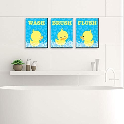 Голема точка на среќа патка патка - Детска бања правила за wallидна уметност - 7,5 x 10 инчи - сет од 3 знаци - миење, четка, испирање