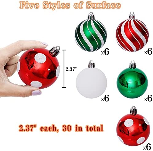 Lessmo 30 парчиња црвени зелени бели божиќни топки украси за новогодишна елка, 6 см/2,37 Shatterproof сликарство и сјајни пластични висечки украси топки чаши