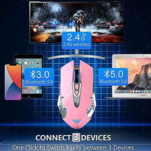 Розов безжичен глушец, мулти -уред за гејминг со Bluetooth, мулти -уред со странични копчиња, RGB LED позадинско осветлување, USB безжични компјутерски глувци за лаптоп/компј
