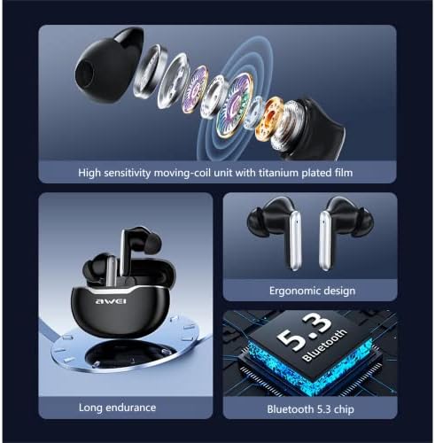 Awei T50 Безжични ушни ушни уши - Откажување на бучава Откажување на ушите за iPhone и Android - водоотпорни и игри ушни уши со микрофон - Откажување на бучава што ја откажуваат