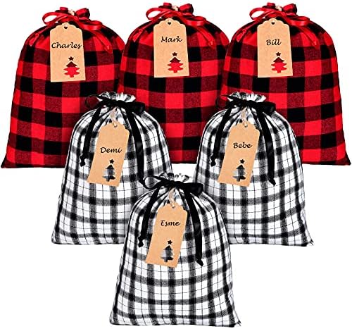Среќни 6 Парчиња Памучни Божиќни Карирани Торби За Влечење Ткаенини Сегашни Кеси Чорапи Вреќа За Складирање Подароци Божиќни Чанти Забава