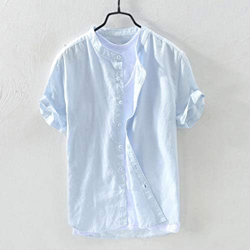 Кошули кратки врвови на копчето ретро Т ракав Баги памук постелнина Машка блуза со цврста машка машка маица за блуза
