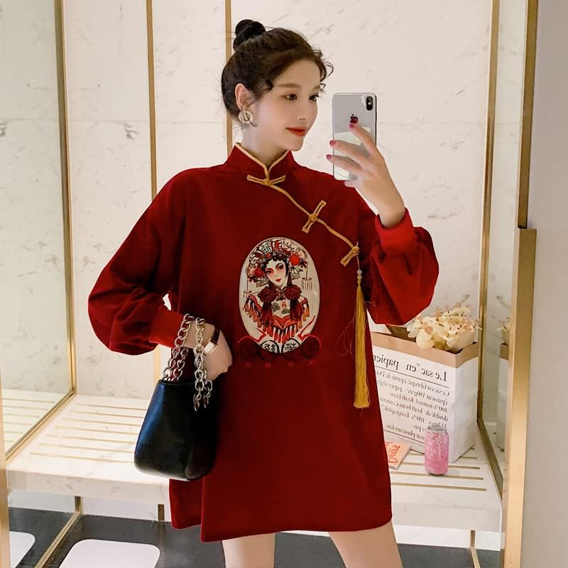 Црвен везење пуловер, жени национален стил, врвен гроздобер, џемпери на Харајуку, фустани лабава кинеска новогодишна облека