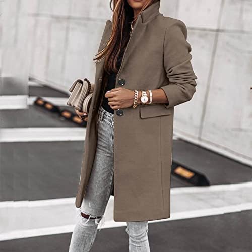 Женска волна волна тенка палта од ровови јакна дами тенок долга палто за надворешна облека цврста елегантна копче палто џеб јакна