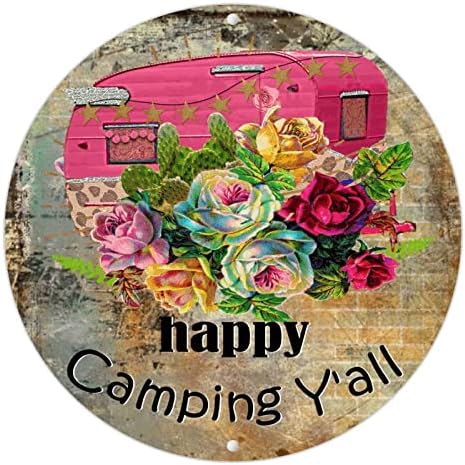 Среќно кампување со метални знаци Фарма куќа Рустикален кампување знаци Гроздобер кампер декор знак за патни приколки додатоци