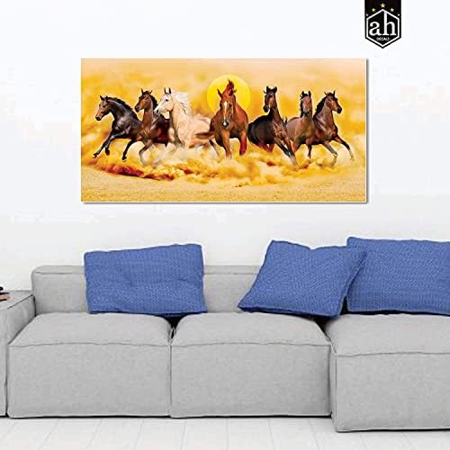 ББРАТИ Седум среќни коњи кои трчаат Васту платно сликарство за канцеларија, живеење, соба за кревет - повеќебојни
