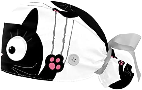 Цртана црна мачка работна капа со копче и џемпери 2 парчиња за еднократна употреба Хируршка хирургија Капчиња за конска опашка мулти