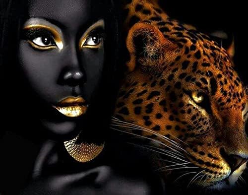 Комплет за сликање на дијаманти 5д целосна сликарство со дијаманти по броеви за возрасни Африка црна девојка леопард дијамантски сликарски
