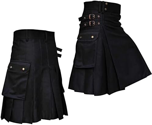 Килт мажи црна машка мода обичен ретро шкотски стил карирана контрастна лента за половината, плетена здолниште алатка за мажи за мажи