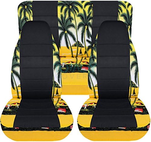 Сосема опфаќа компатибилен со 1997-2006 Jeep Wrangler TJ Hawaiian & Black Seat Covers: Yellow W, палма-целосен сет: Преден и заден дел од