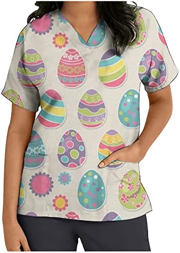Велигденски врвови за работна облека за жени Шарени јајца Печатени кратки ракави, униформа за медицински сестри, празници, смешни врвови на