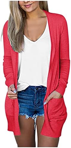 Кардиган за жени со долг ракав лабав вклопување S-5XL со џебови пролетна лесна надворешна облека цврста трендовски обичен кардиган