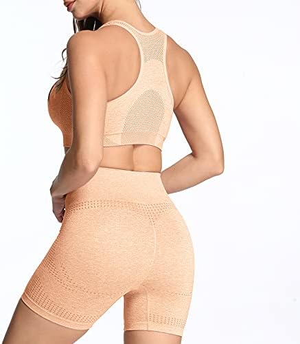 Аксокс јога облека за жени Беспрекорна салата за вежбање со 2 парчиња витални шорцеви со високи половини со кратки ракави на врвот на