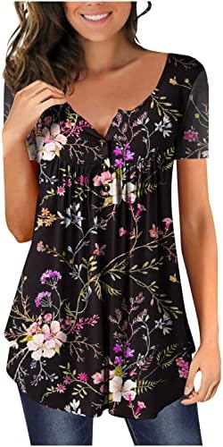 Маица со блуза за жени есен лето облека со долг ракав против вратот памучен графички бранч лабав вклопување маичка Hb Hb