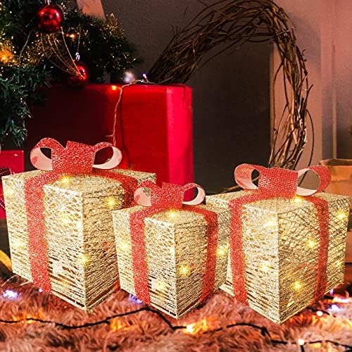 PhreeWILL Божиќни осветлени кутии за подароци сет од 3, 60 LED украси со кутии со сјаен дијамант, светла управувани со батерија за Божиќно
