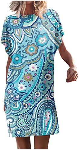 Летни фустани за жени 2023 година лабава лажичка вратот Сплит лилјак Краток ракав Мини фустани Обични печати за плажа, фустани