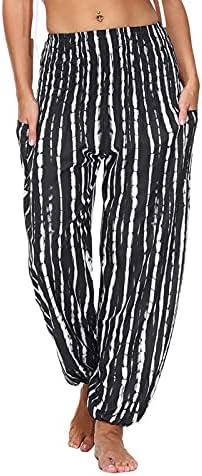 Printенски печатени јога панталони на ISJJL цветаат обични панталони Спортски панталони со широко нозе печатено памучно постелнина лабава хареми панталони