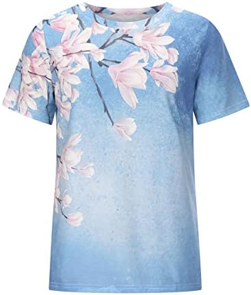 Летен есен обичен врвен маица за дами 2023 облека мода мода со краток ракав памук екипаж, цветен графички кошула fh fh