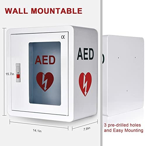 Кабинетот на AED SVOOMVS, прва помош AED Defibrillator Wallид за складирање, метална челична плоча доаѓа со заклучување на клучеви и Snap, одговара на сите брендови срцева наука за ј?