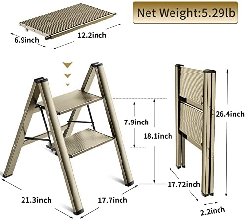 2 Чекор скалила- преклопување на столче за кујна, лесен алуминиум преносен чекор столици за возрасни, мулти-употреба за затворено или