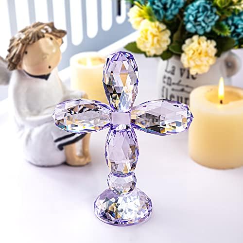 Qfkris 7 '' висок виолетова кристален крст кој стои модерен вкрстен фигурина стакло занает за подароци за ден на мајки кои се грижат сочувство