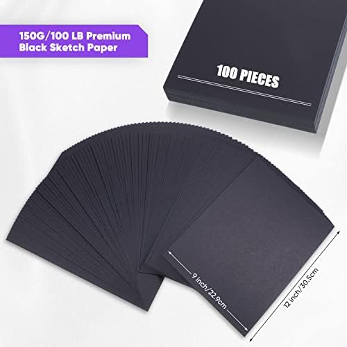 Crtiin 100 листови црна скица за цртање хартија за тешка категорија 150 GSM /100 lbs уметник за цртање хартија за хартија за обоени моливи,