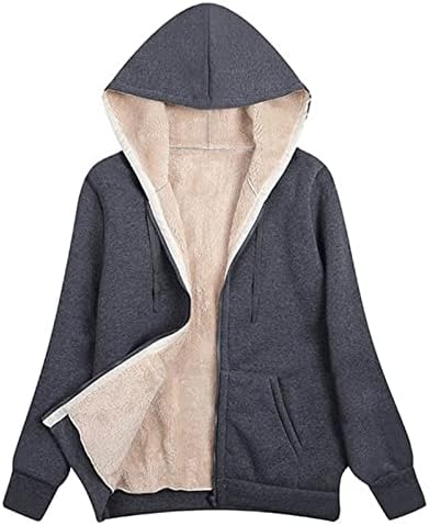 Зимски палта за жени руно наредија топло јакни, обични долги ракави, патент на кардиган, надворешна облека со џебови со џебови